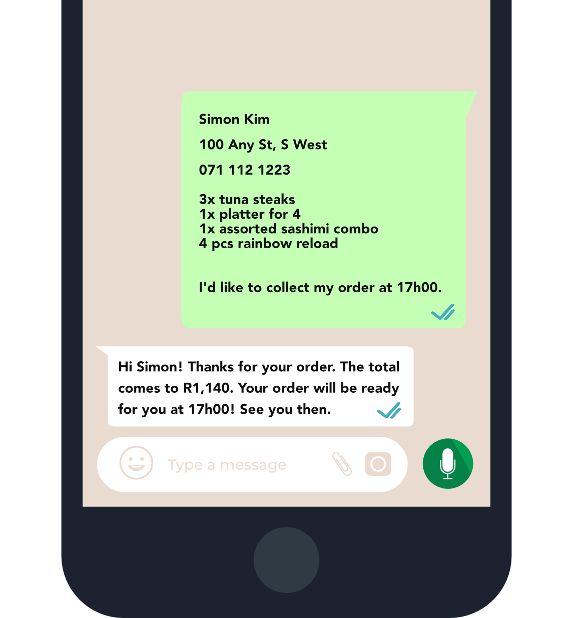Vector image of a mobile phone with WhatsApp order message and reply.