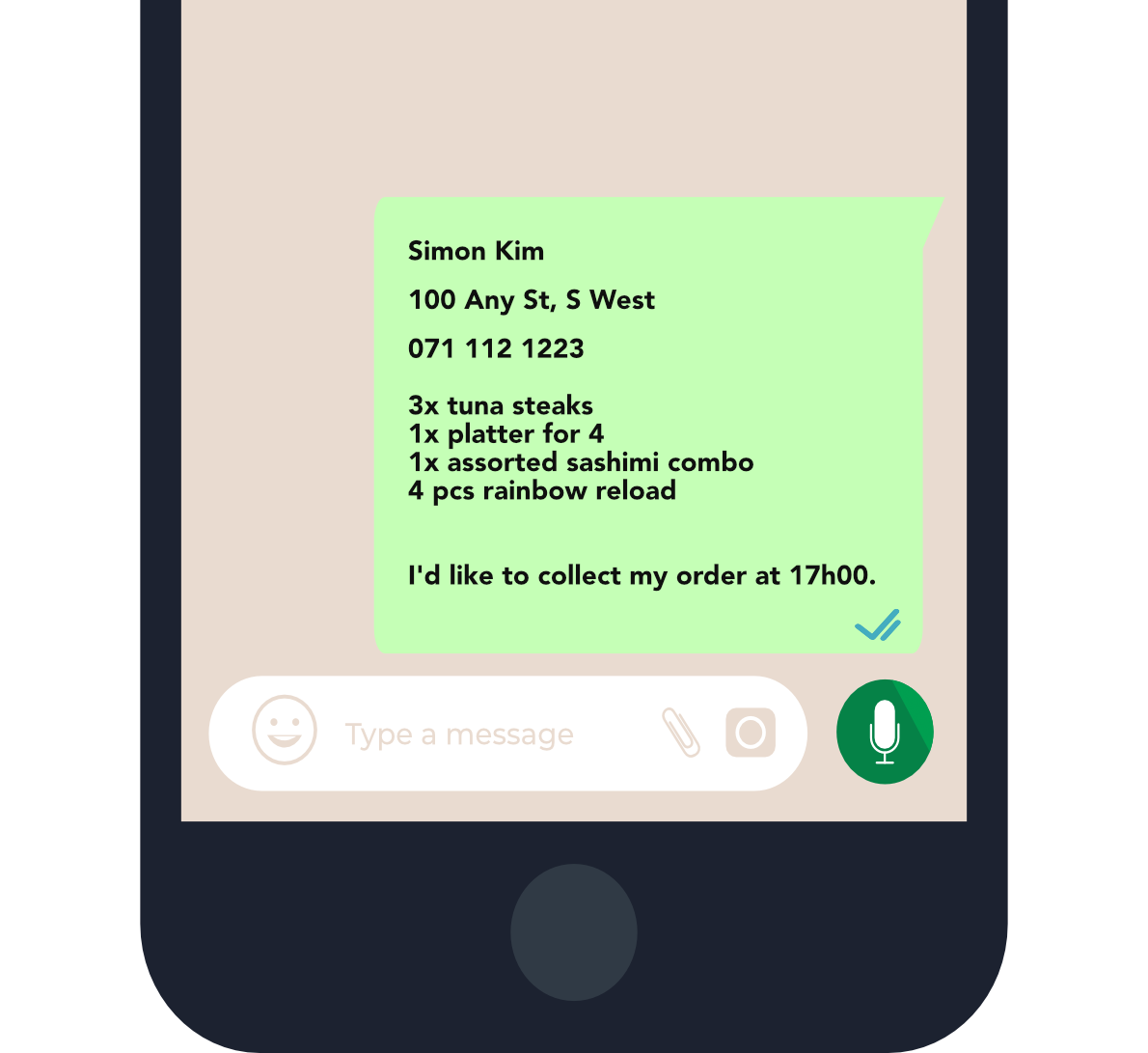 Vector image of mobile phone with WhatsApp message ordering pizza and other products from Giuseppe's Pizzeria